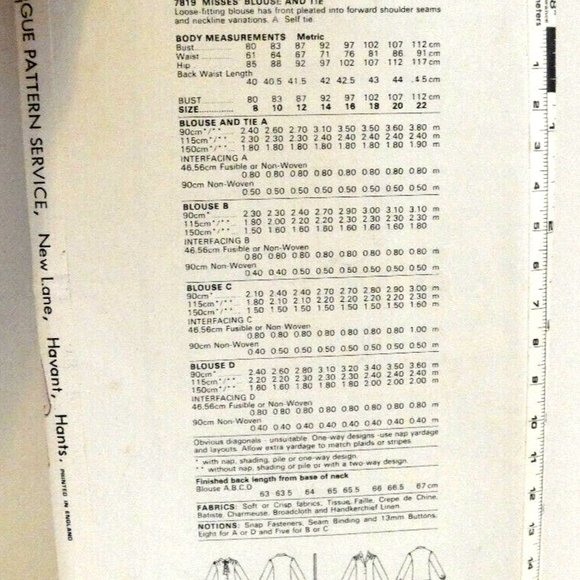 Vintage Vogue Pattern Womens Blouse and Tie Top 4 Styles Size 12 UK/8 USA Uncut - Picture 2 of 12